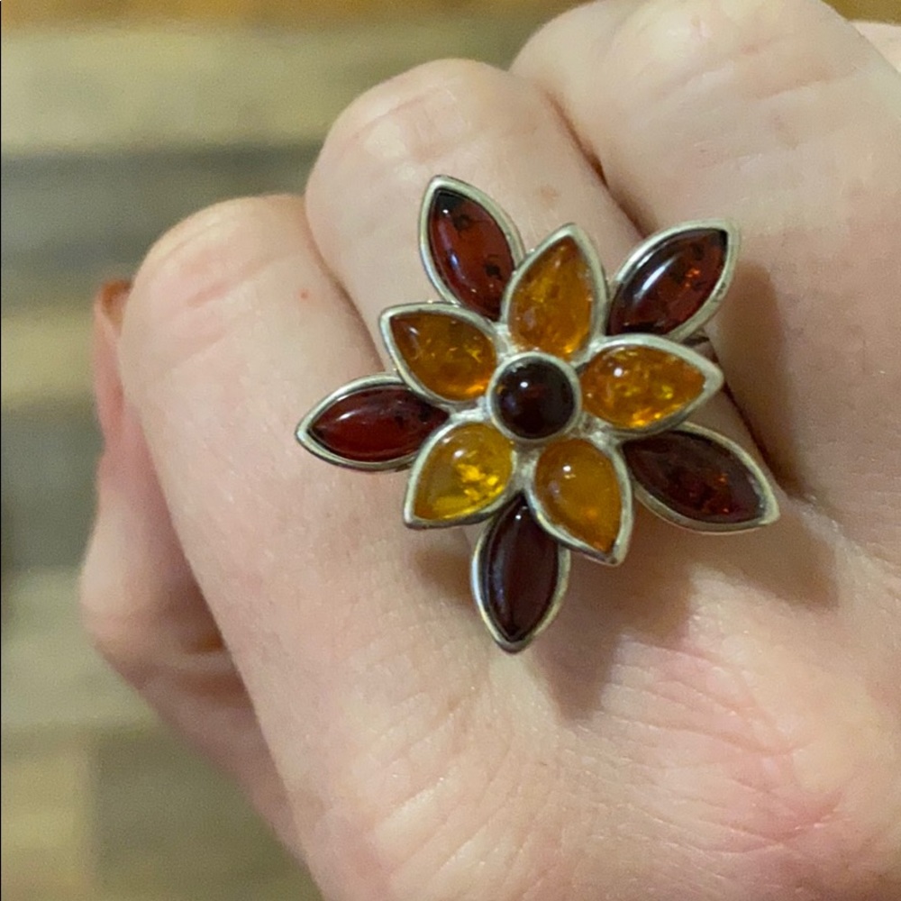 Sterling Silver and Amber Flower Ring
